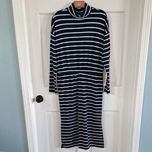 Old Navy Oversized Comfy Navy & White Striped Ribbed Knit Sweater Dress Midi